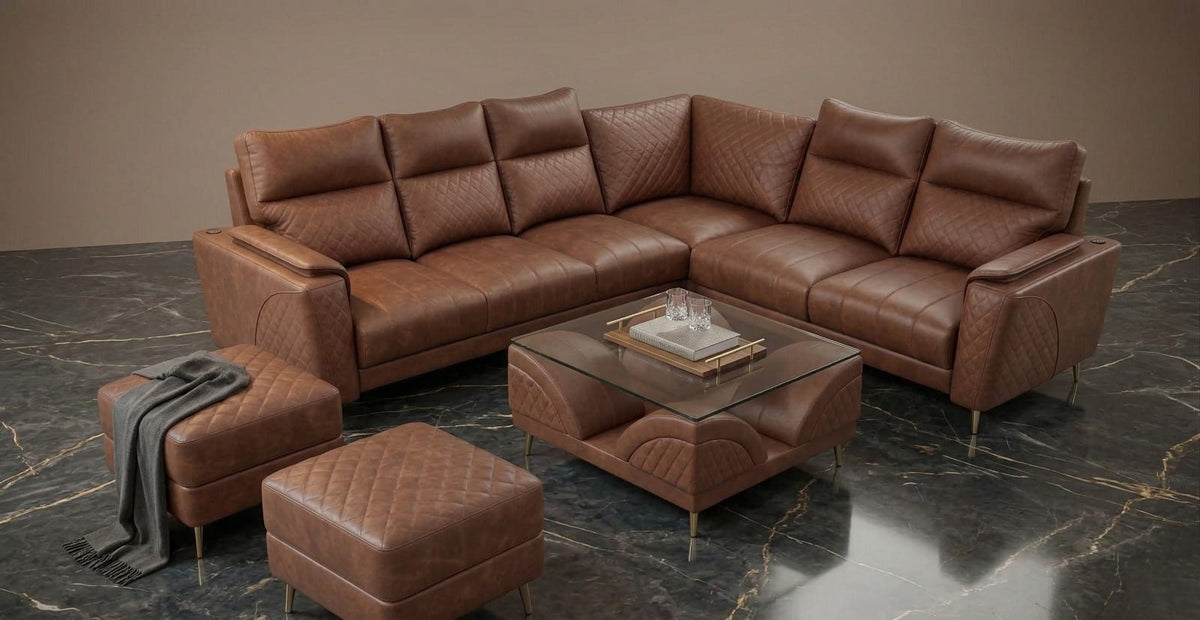 American Sofa Set  3 + 2 + Corner + 2 Ottoman + Glass Coffee Table
