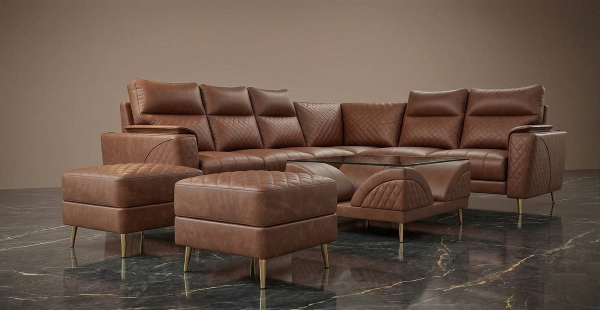 American Sofa Set  3 + 2 + Corner + 2 Ottoman + Glass Coffee Table