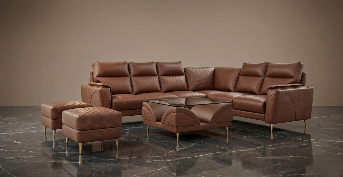 American Sofa Set  3 + 2 + Corner + 2 Ottoman + Glass Coffee Table