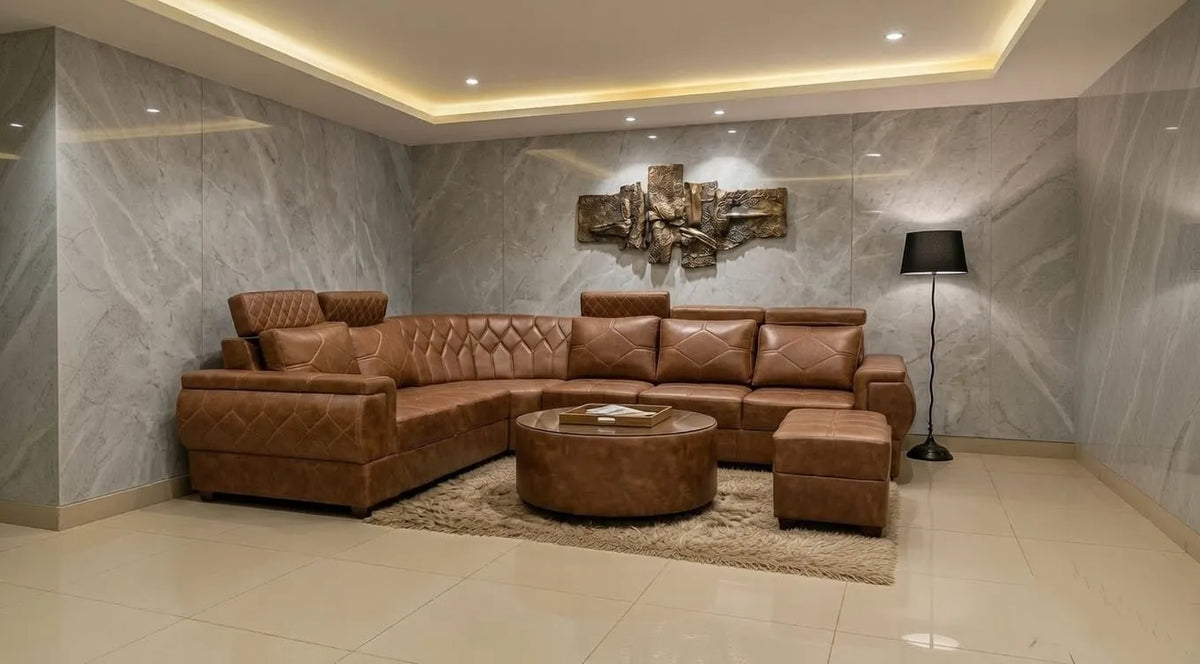 Tan Leather Sectional Sofa Set (3+2+Corner+Ottoman) with Coffee Table