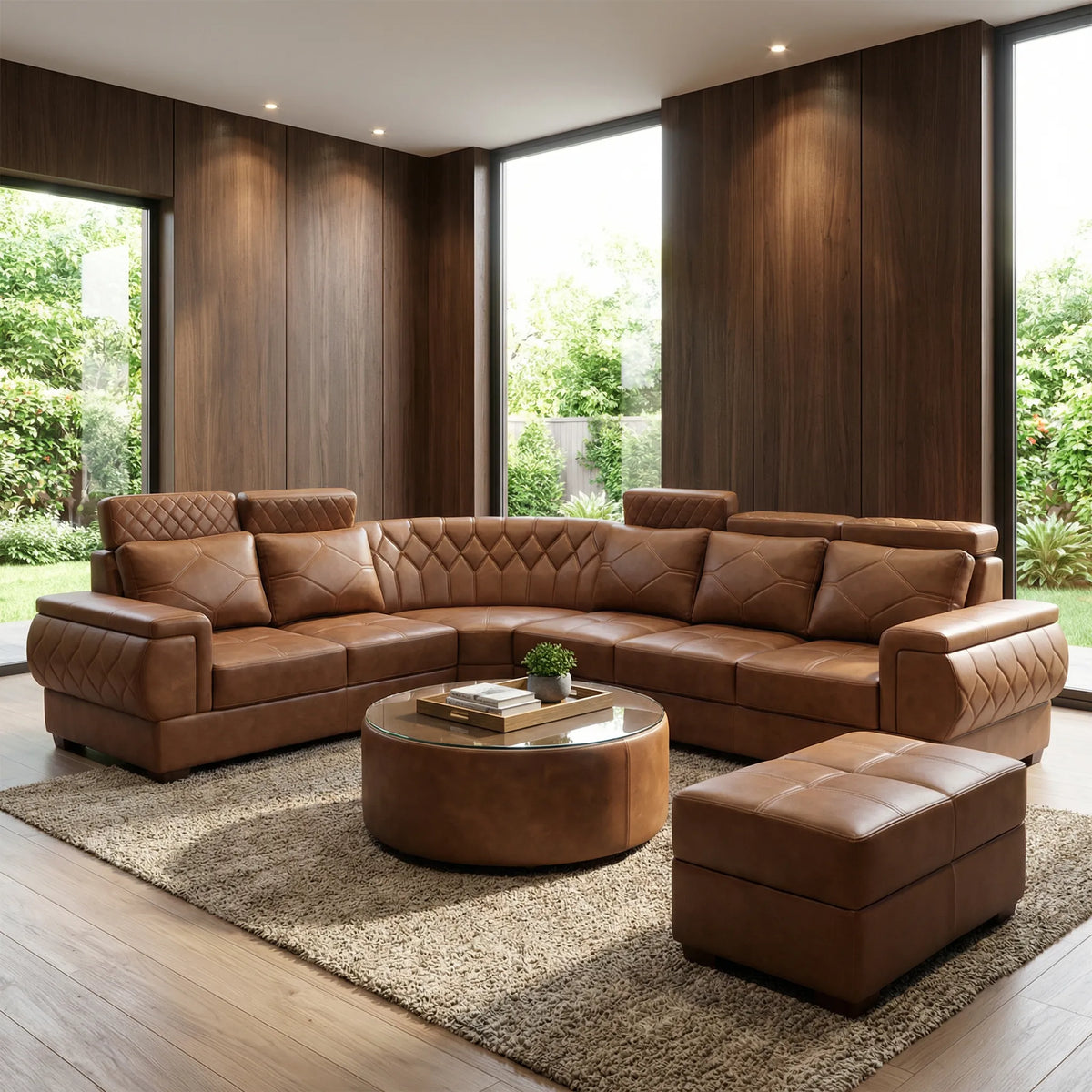 Tan Leather Sectional Sofa Set (3+2+Corner+Ottoman) with Coffee Table